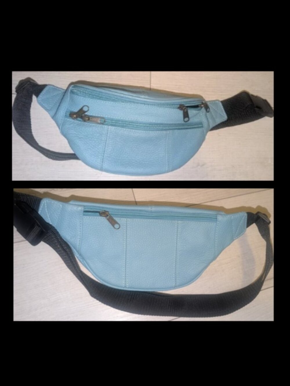 Light Blue Leather Fanny Pack W/ Multiple Zippered Compartments Womens One Size